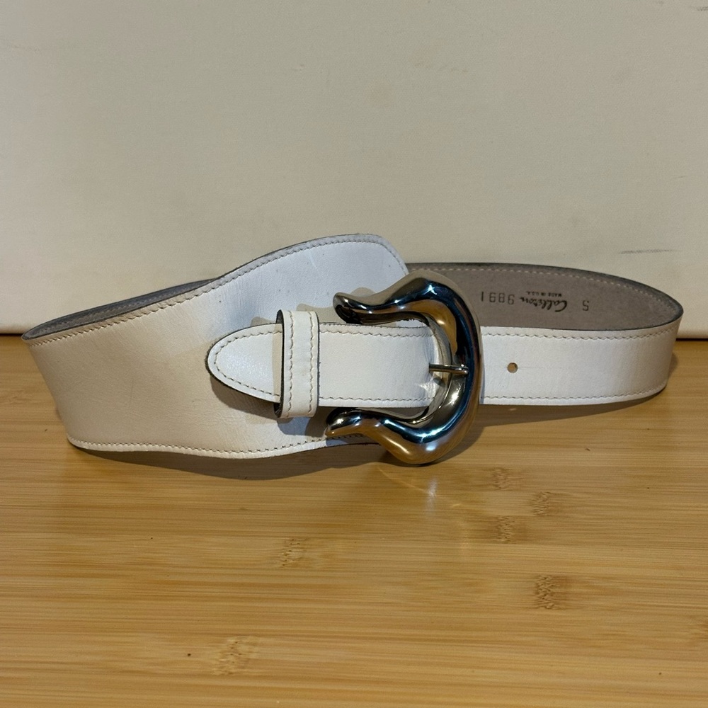 Vintage Calderone White Leather Belt with Silver Buckle - Size S